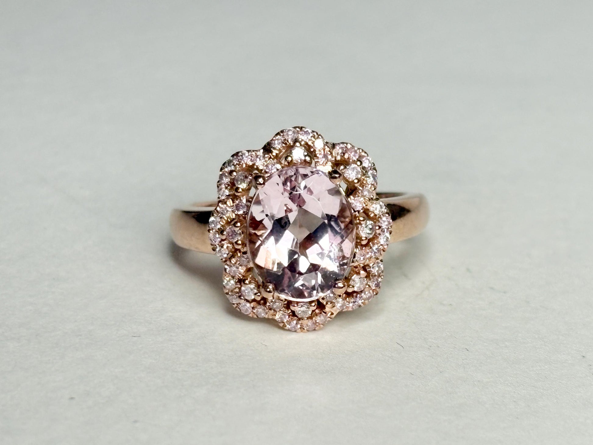 Morganite and Natural Pink Diamond Ring Solid 14k Rose Gold size 6.75 - NewLifeJewelryVault