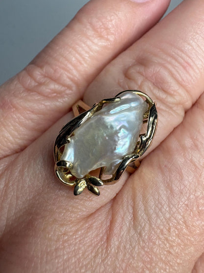 Biwa Cultured Pearl Freeform Ring Solid 14k Gold size 7.25 - NewLifeJewelryVault