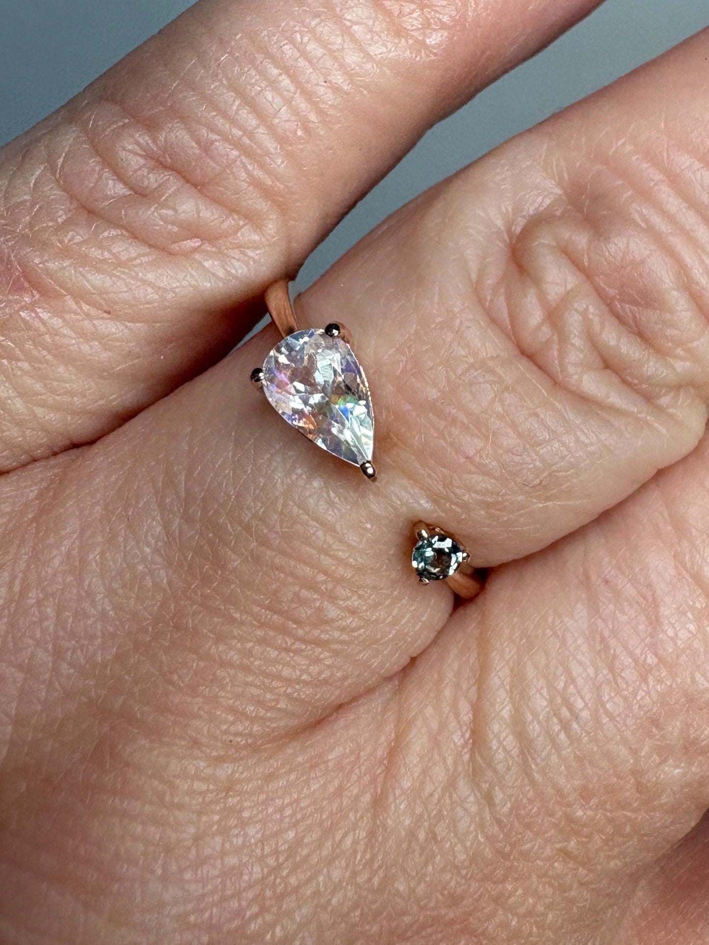 Madagascar Rainbow Moonstone and Color Change Garnet Open Ring 10k Rose Gold size 6.75 - NewLifeJewelryVault
