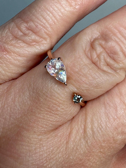 Madagascar Rainbow Moonstone and Color Change Garnet Open Ring 10k Rose Gold size 6.75 - NewLifeJewelryVault