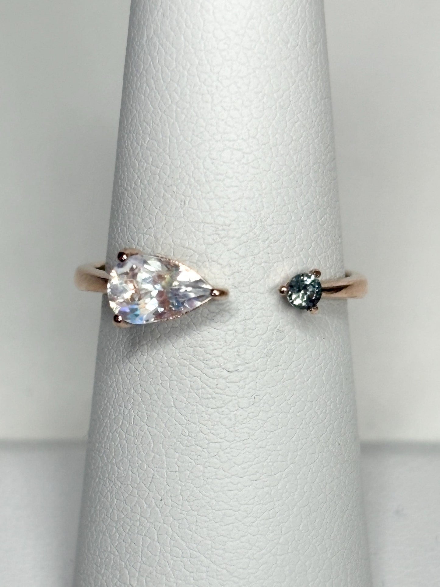 Madagascar Rainbow Moonstone and Color Change Garnet Open Ring 10k Rose Gold size 6.75 - NewLifeJewelryVault