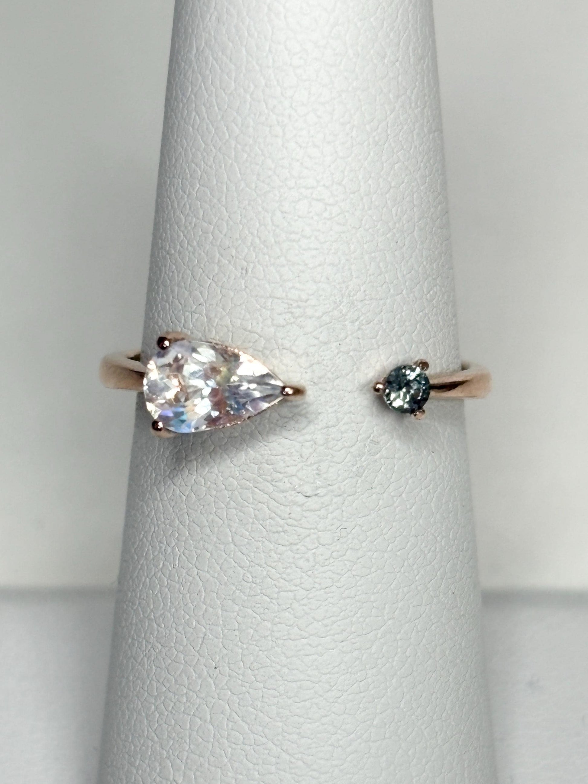 Madagascar Rainbow Moonstone and Color Change Garnet Open Ring 10k Rose Gold size 6.75 - NewLifeJewelryVault