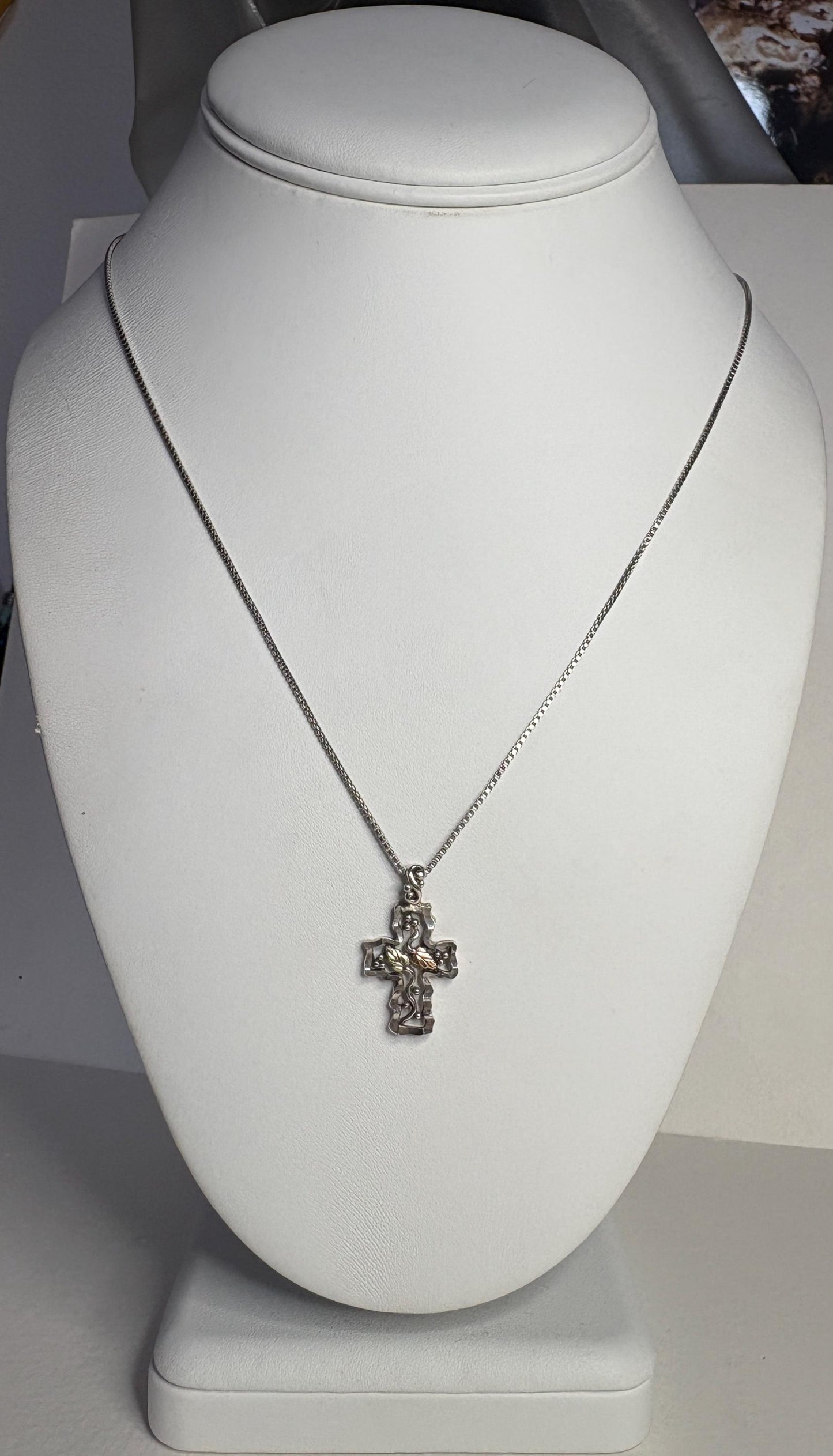 Vintage Black Hills Gold Cross Pendant Necklace Sterling Silver 12k Gold 19" - NewLifeJewelryVault