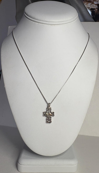 Vintage Black Hills Gold Cross Pendant Necklace Sterling Silver 12k Gold 19" - NewLifeJewelryVault