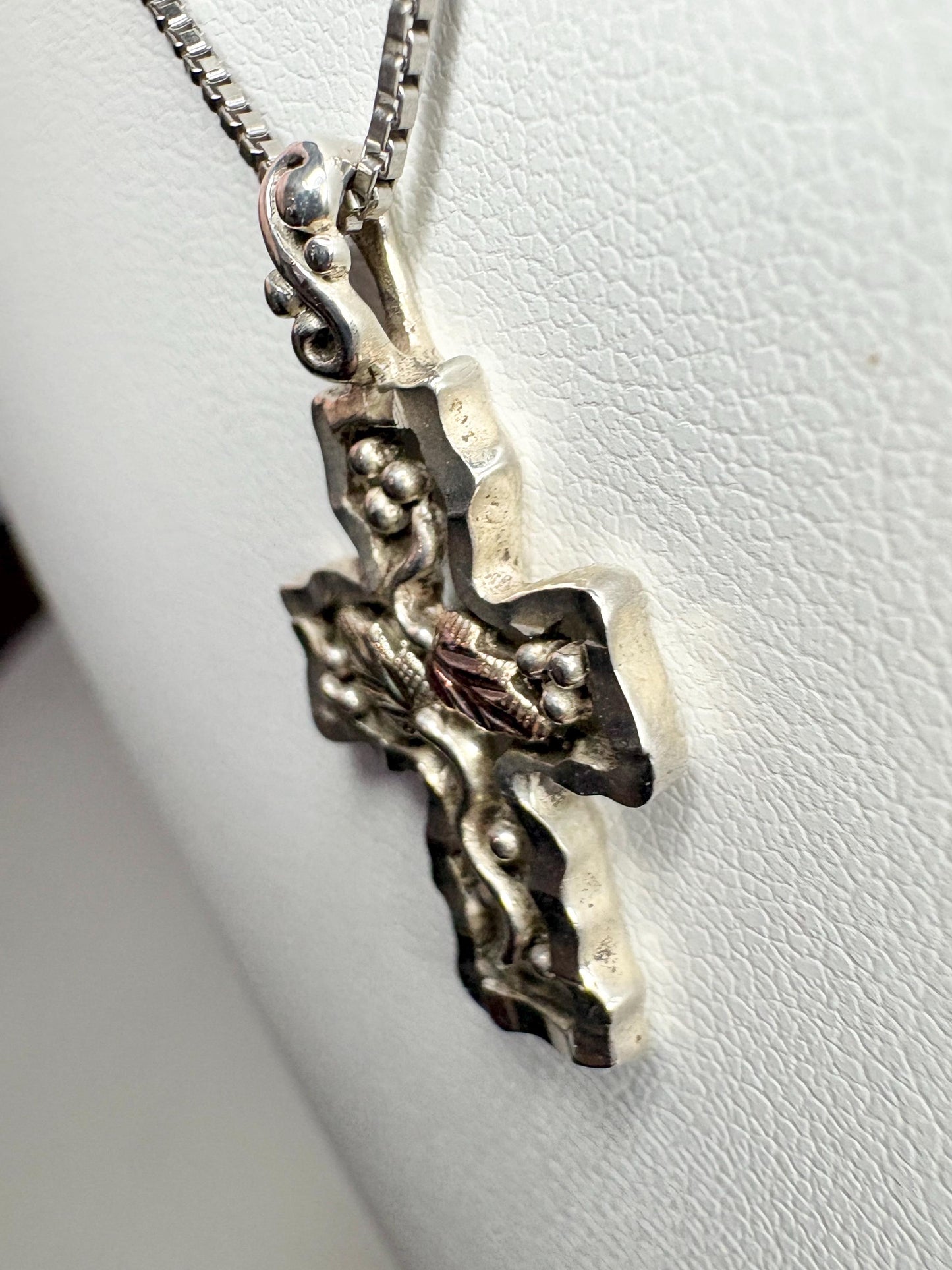 Vintage Black Hills Gold Cross Pendant Necklace Sterling Silver 12k Gold 19" - NewLifeJewelryVault
