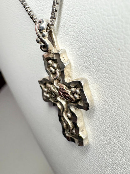 Vintage Black Hills Gold Cross Pendant Necklace Sterling Silver 12k Gold 19" - NewLifeJewelryVault