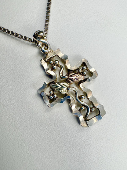 Vintage Black Hills Gold Cross Pendant Necklace Sterling Silver 12k Gold 19" - NewLifeJewelryVault