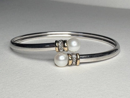 Cultured Pearl and Diamond Memory Wire Bracelet in Sterling Silver with 14k size M - NewLifeJewelryVault