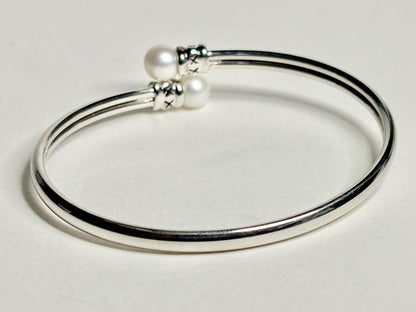 Cultured Pearl and Diamond Memory Wire Bracelet in Sterling Silver with 14k size M - NewLifeJewelryVault