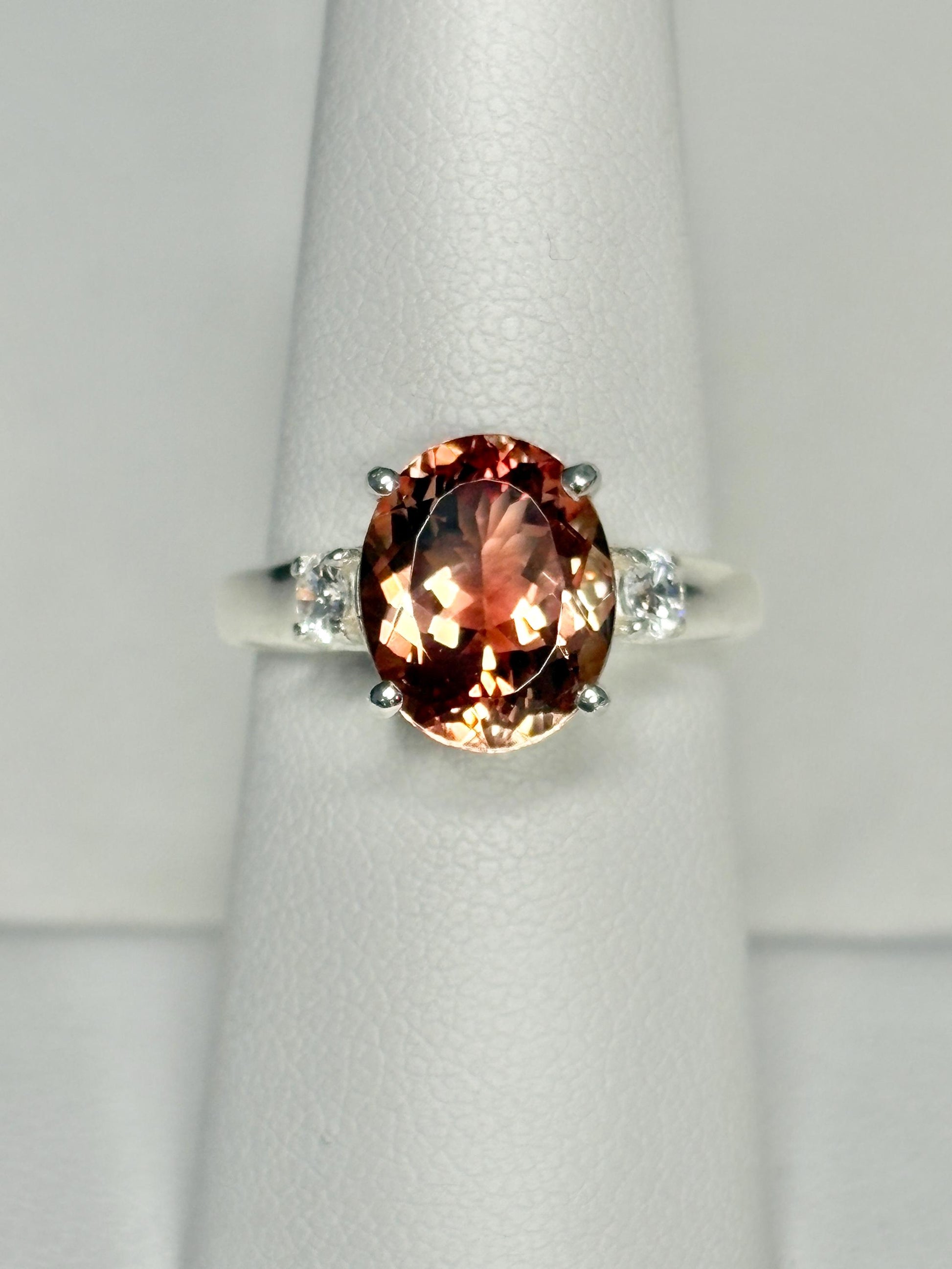 Oregon Sunstone and Lab-Grown Diamond Ring in Sterling Silver size 6.5 - NewLifeJewelryVault