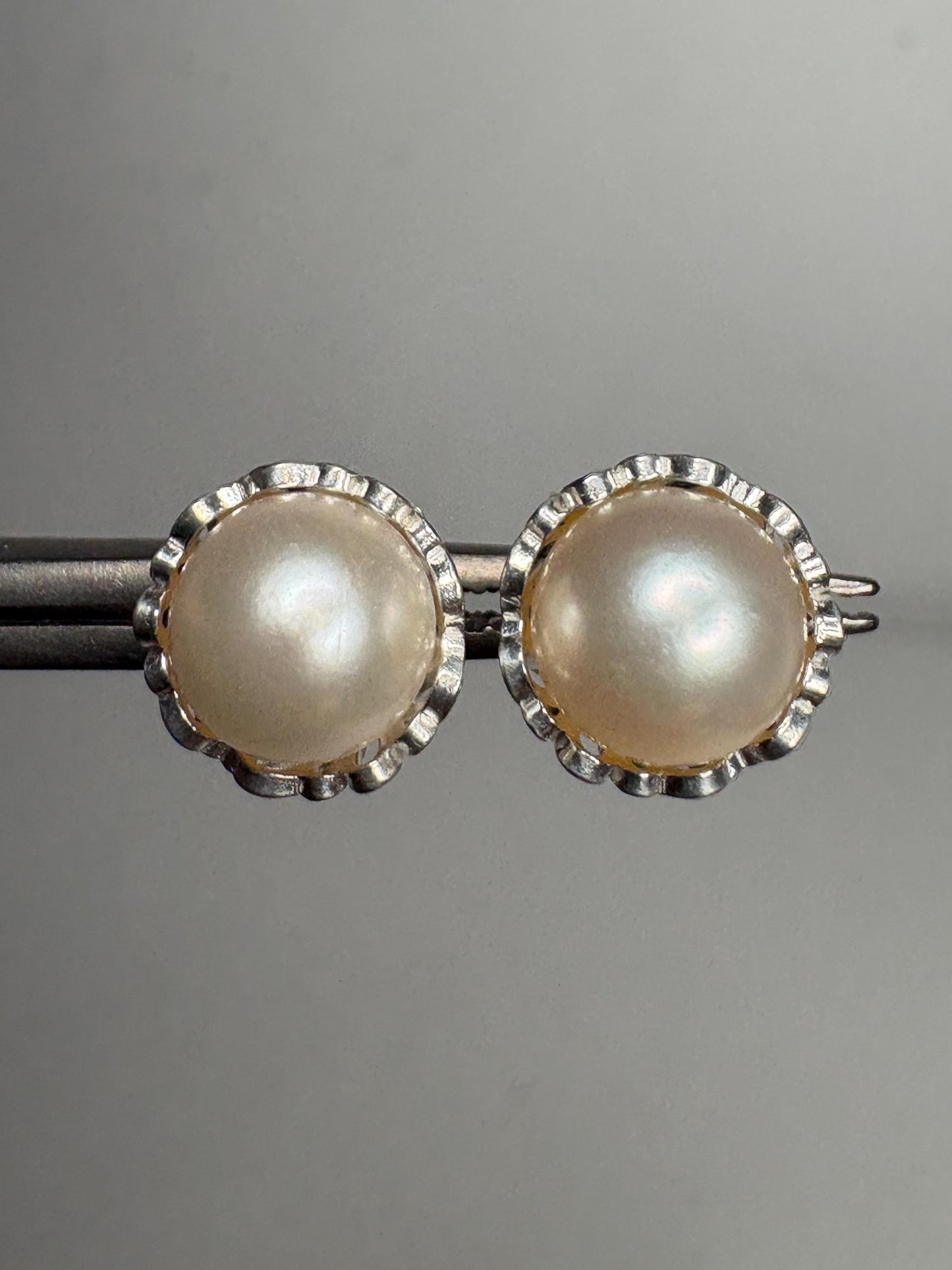 Cultured Akoya Pearl Stud Earrings in Lacy Sterling Silver 7.4mm - NewLifeJewelryVault