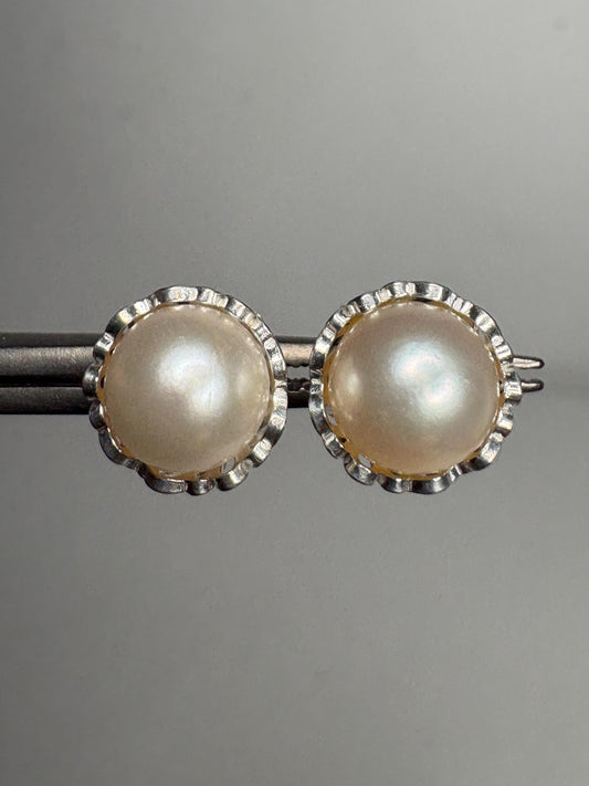 Cultured Akoya Pearl Stud Earrings in Lacy Sterling Silver 7.4mm - NewLifeJewelryVault