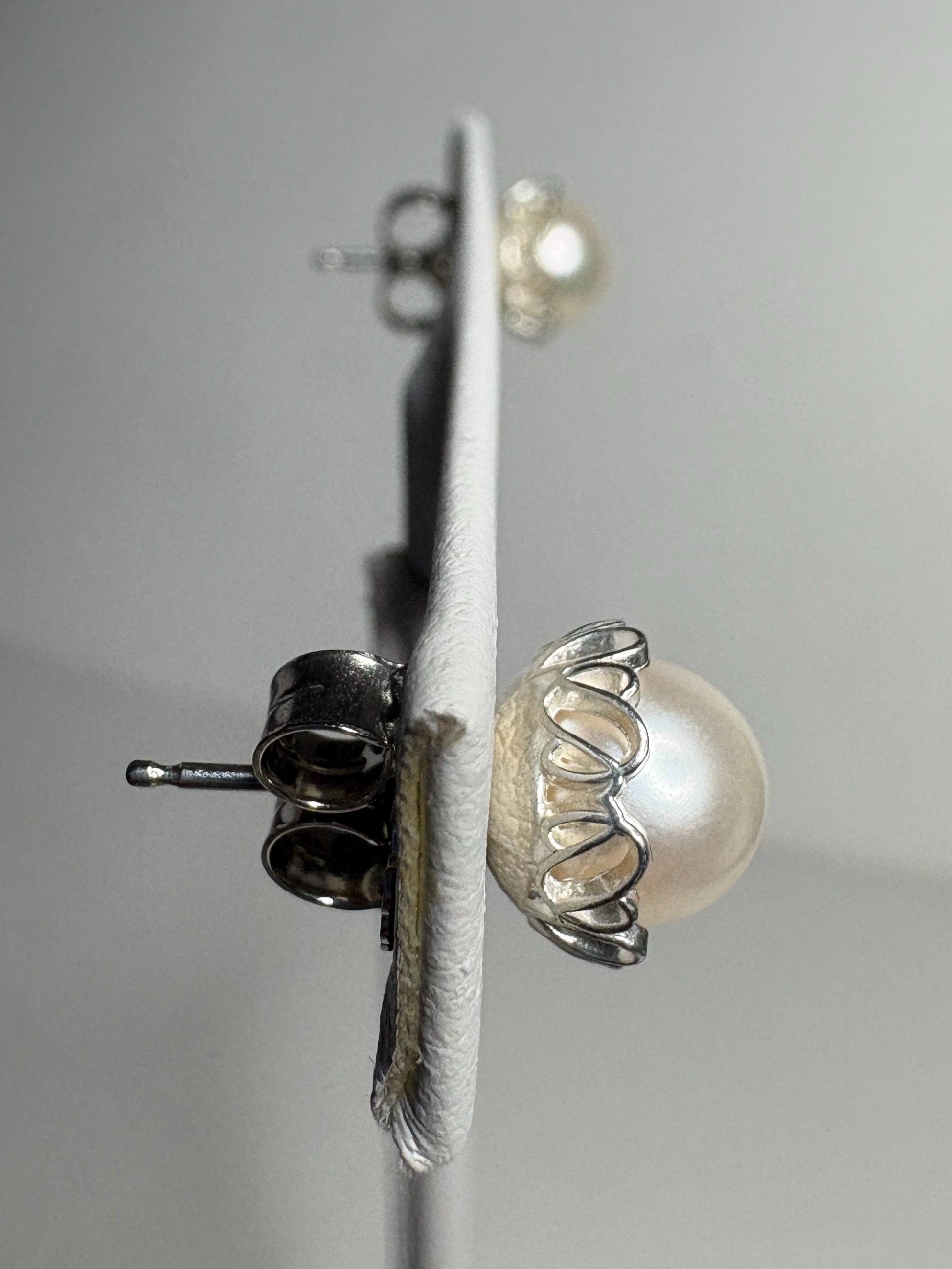 Cultured Akoya Pearl Stud Earrings in Lacy Sterling Silver 7.4mm - NewLifeJewelryVault