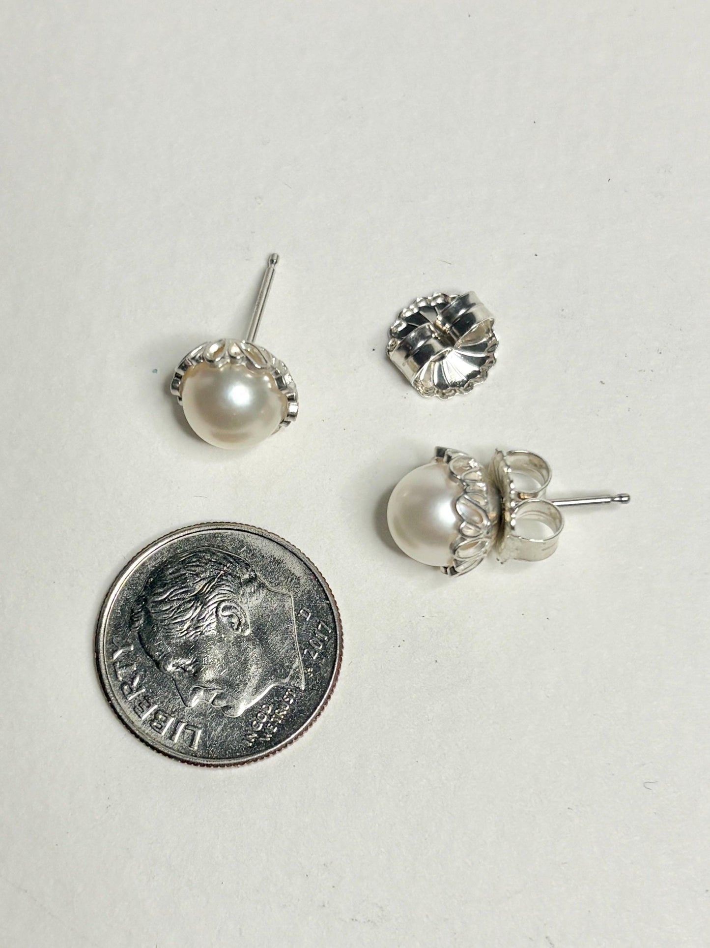 Cultured Akoya Pearl Stud Earrings in Lacy Sterling Silver 7.4mm - NewLifeJewelryVault