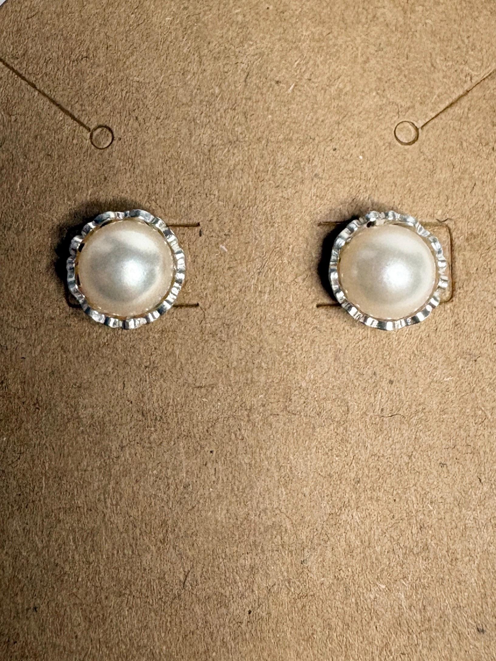 Cultured Akoya Pearl Stud Earrings in Lacy Sterling Silver 7.4mm - NewLifeJewelryVault