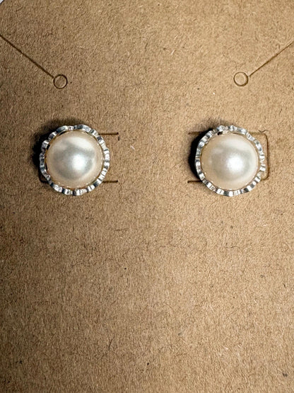 Cultured Akoya Pearl Stud Earrings in Lacy Sterling Silver 7.4mm - NewLifeJewelryVault