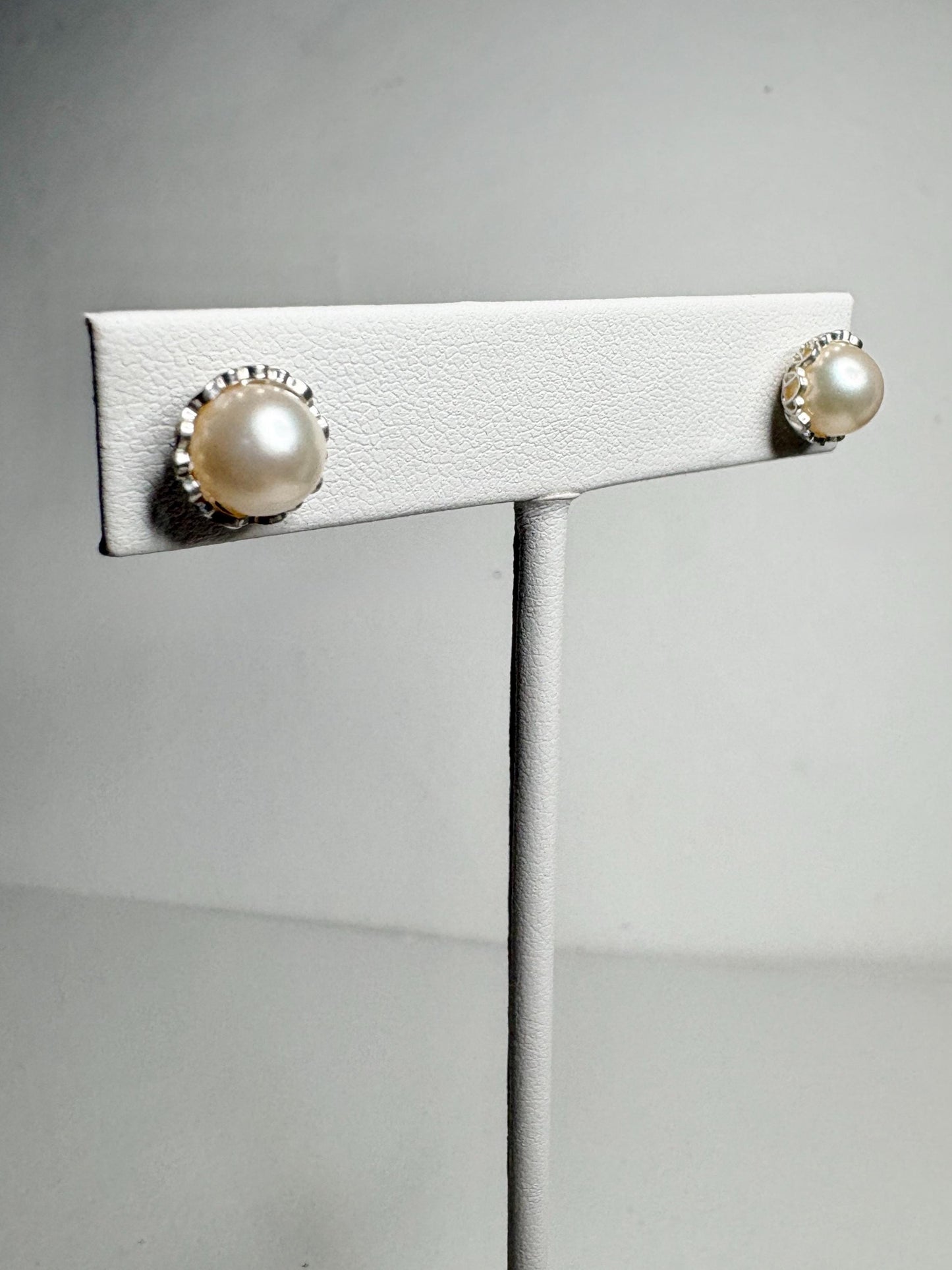 Cultured Akoya Pearl Stud Earrings in Lacy Sterling Silver 7.4mm - NewLifeJewelryVault