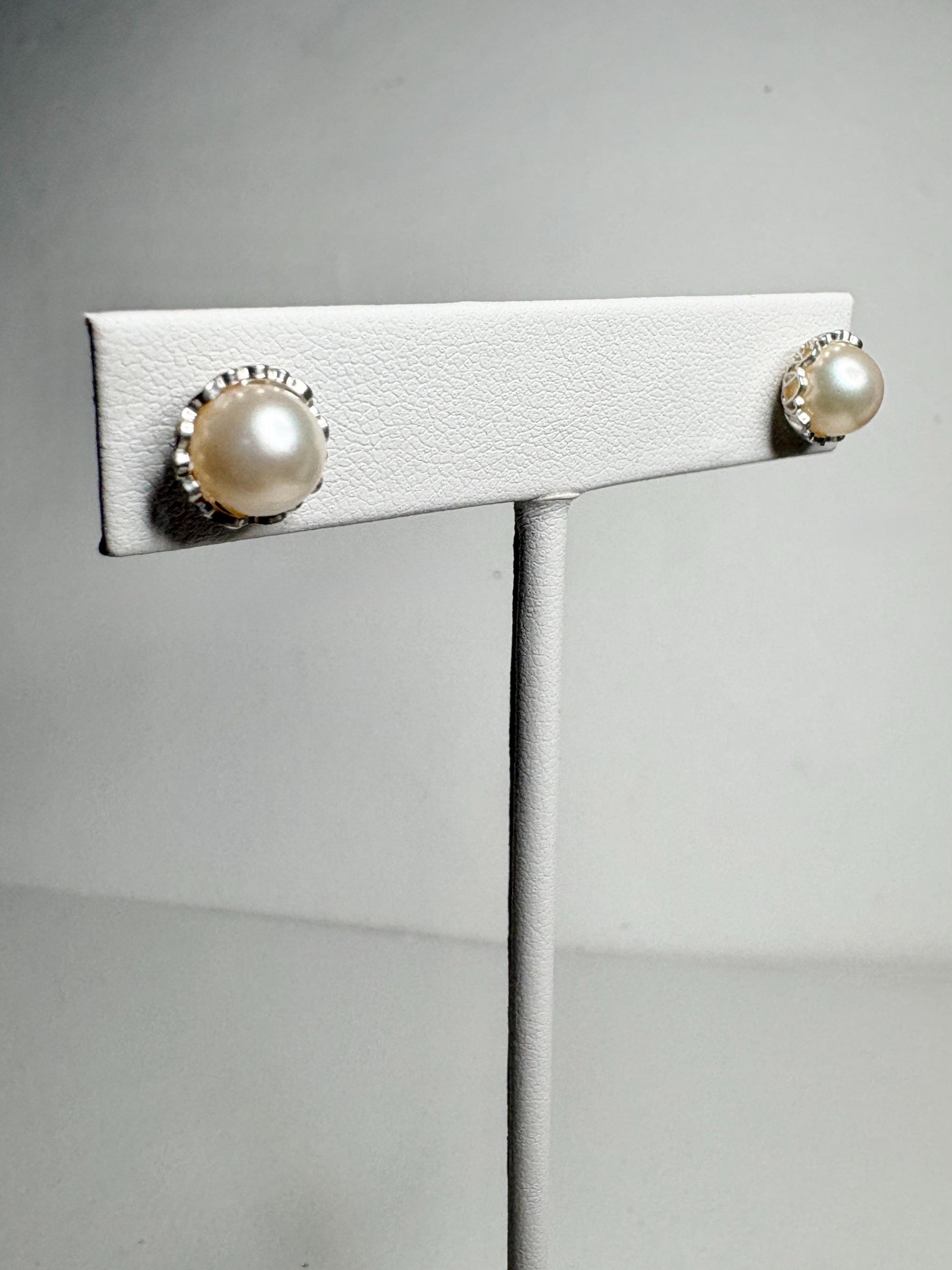 Cultured Akoya Pearl Stud Earrings in Lacy Sterling Silver 7.4mm - NewLifeJewelryVault