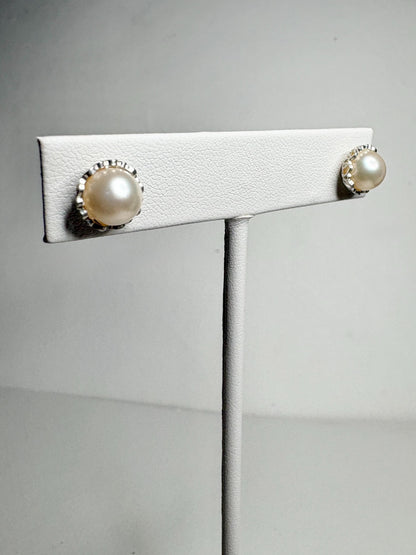 Cultured Akoya Pearl Stud Earrings in Lacy Sterling Silver 7.4mm - NewLifeJewelryVault