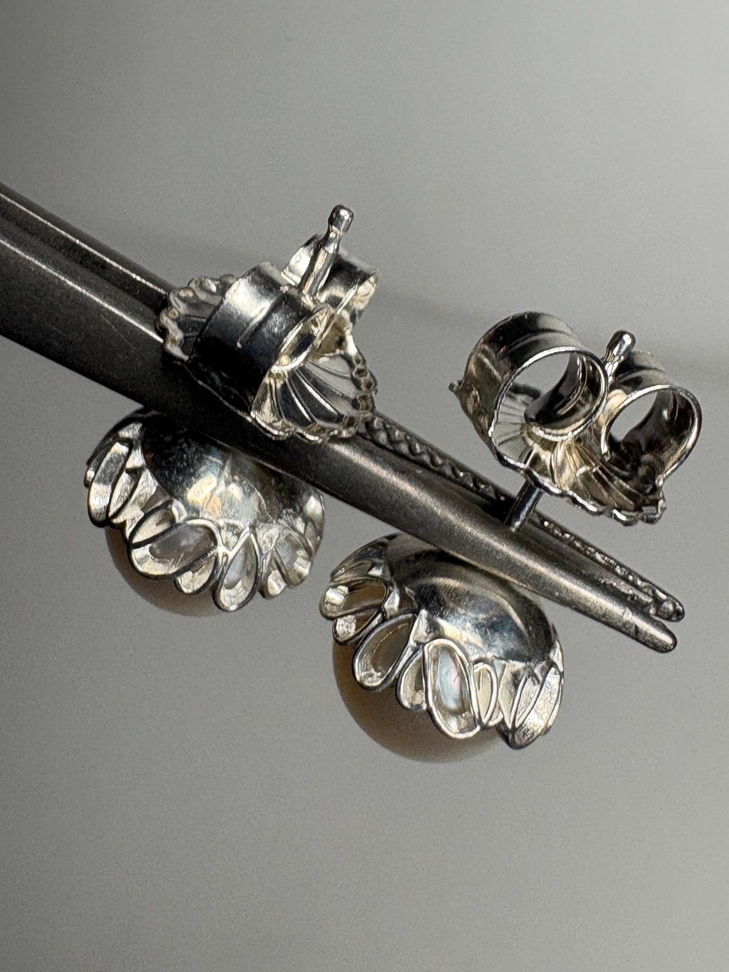 Cultured Akoya Pearl Stud Earrings in Lacy Sterling Silver 7.4mm - NewLifeJewelryVault