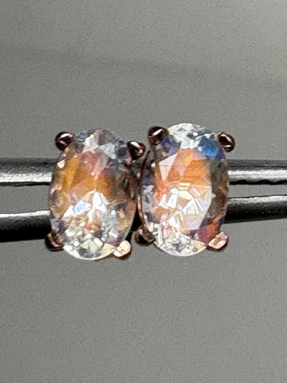 Madagascar Rainbow Moonstone Oval Stud Earrings 14k Rose Gold - NewLifeJewelryVault