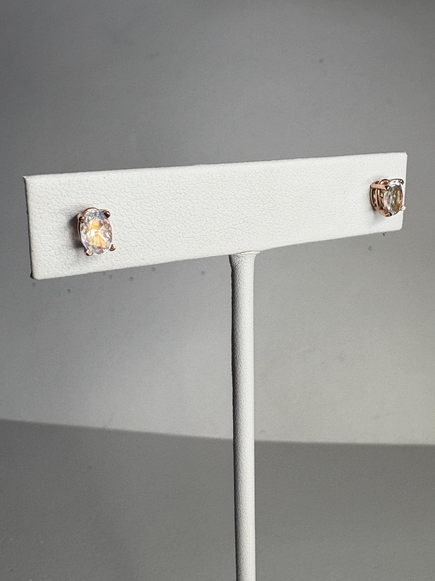 Madagascar Rainbow Moonstone Oval Stud Earrings 14k Rose Gold - NewLifeJewelryVault