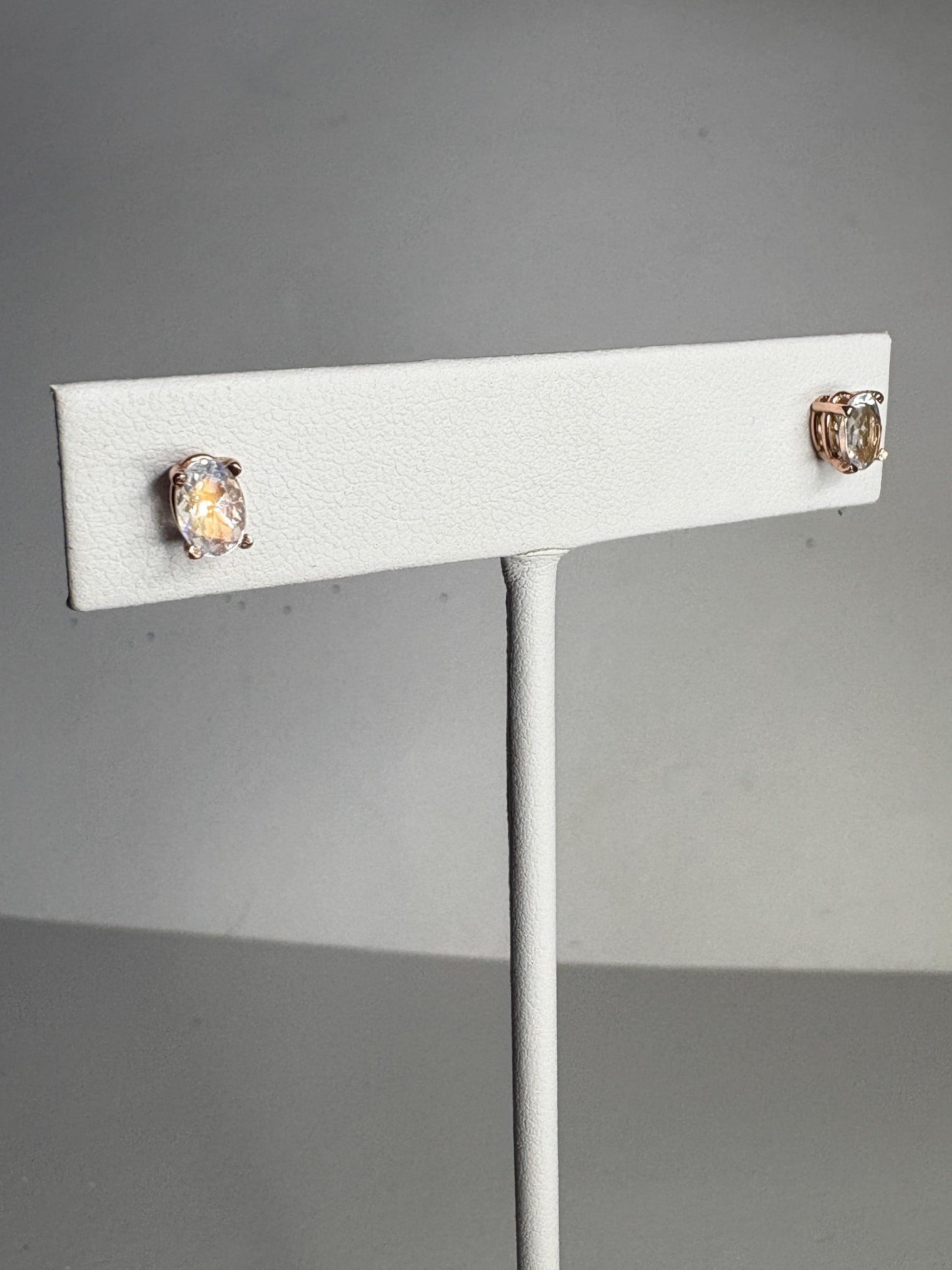 Madagascar Rainbow Moonstone Oval Stud Earrings 14k Rose Gold - NewLifeJewelryVault
