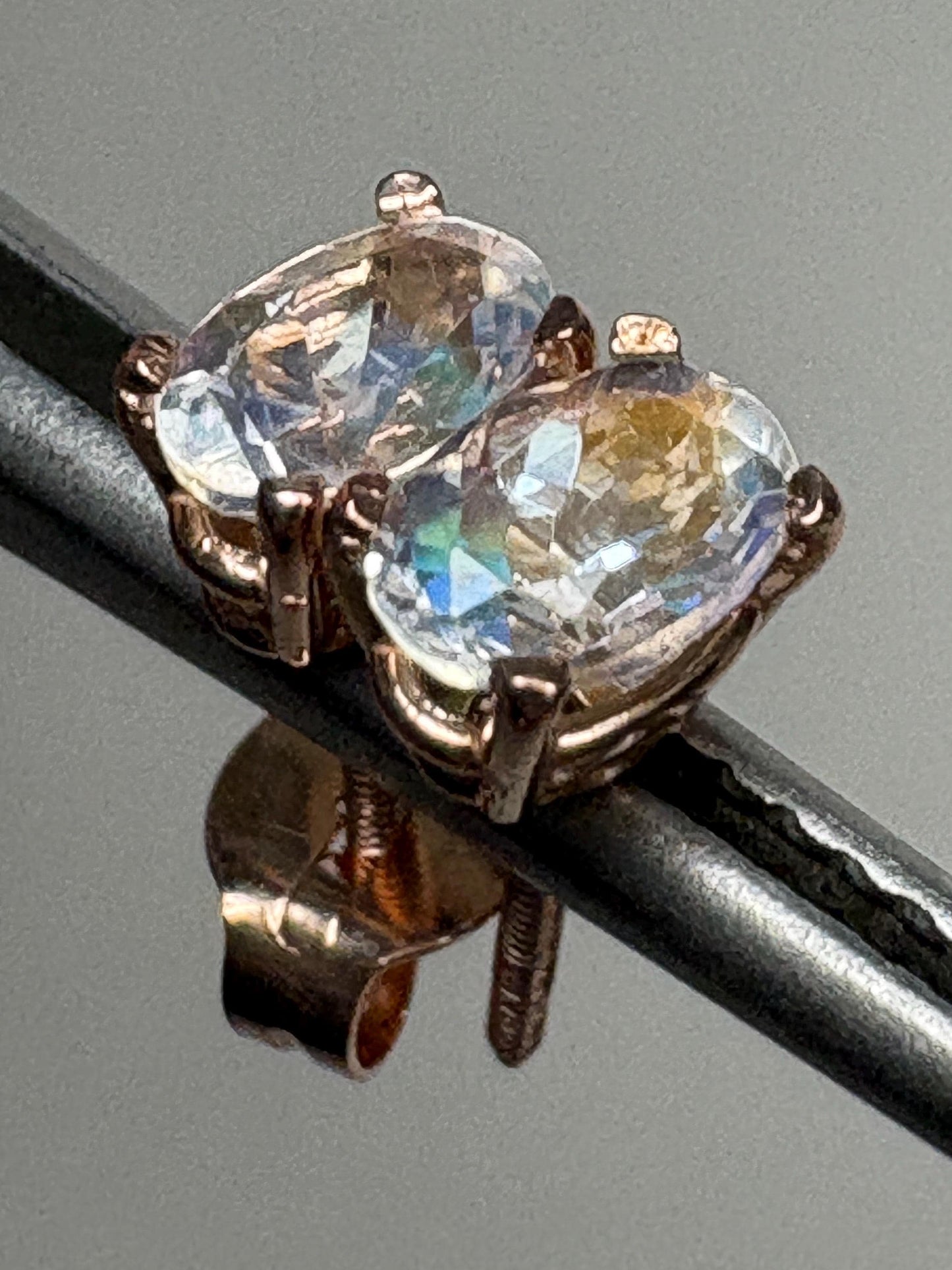 Madagascar Rainbow Moonstone Oval Stud Earrings 14k Rose Gold - NewLifeJewelryVault