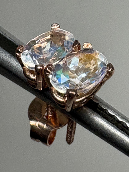 Madagascar Rainbow Moonstone Oval Stud Earrings 14k Rose Gold - NewLifeJewelryVault