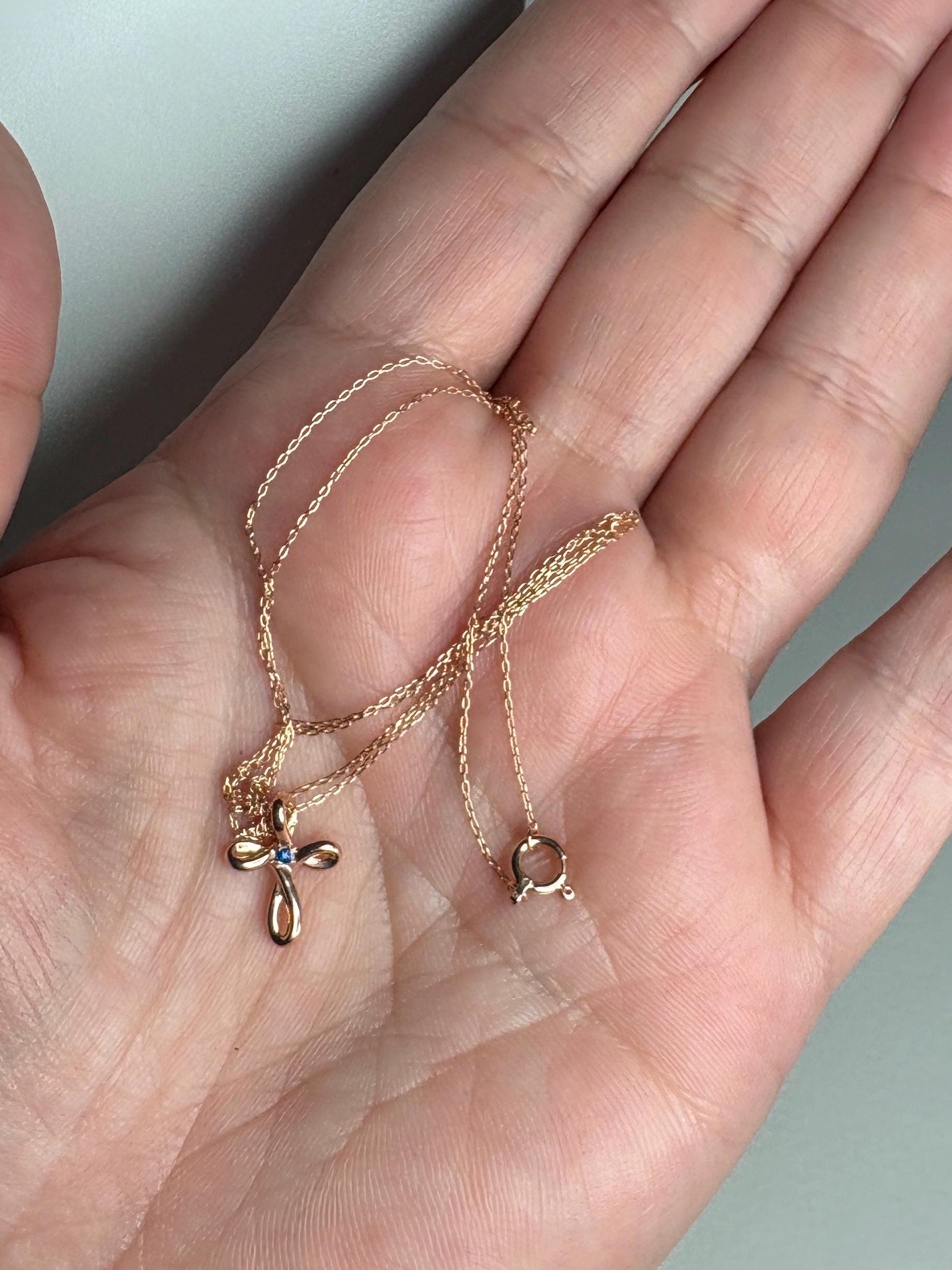 Small Hauyne Cross Necklace in Solid 14k Rose Gold with 10K RG Chain 17.75" - NewLifeJewelryVault