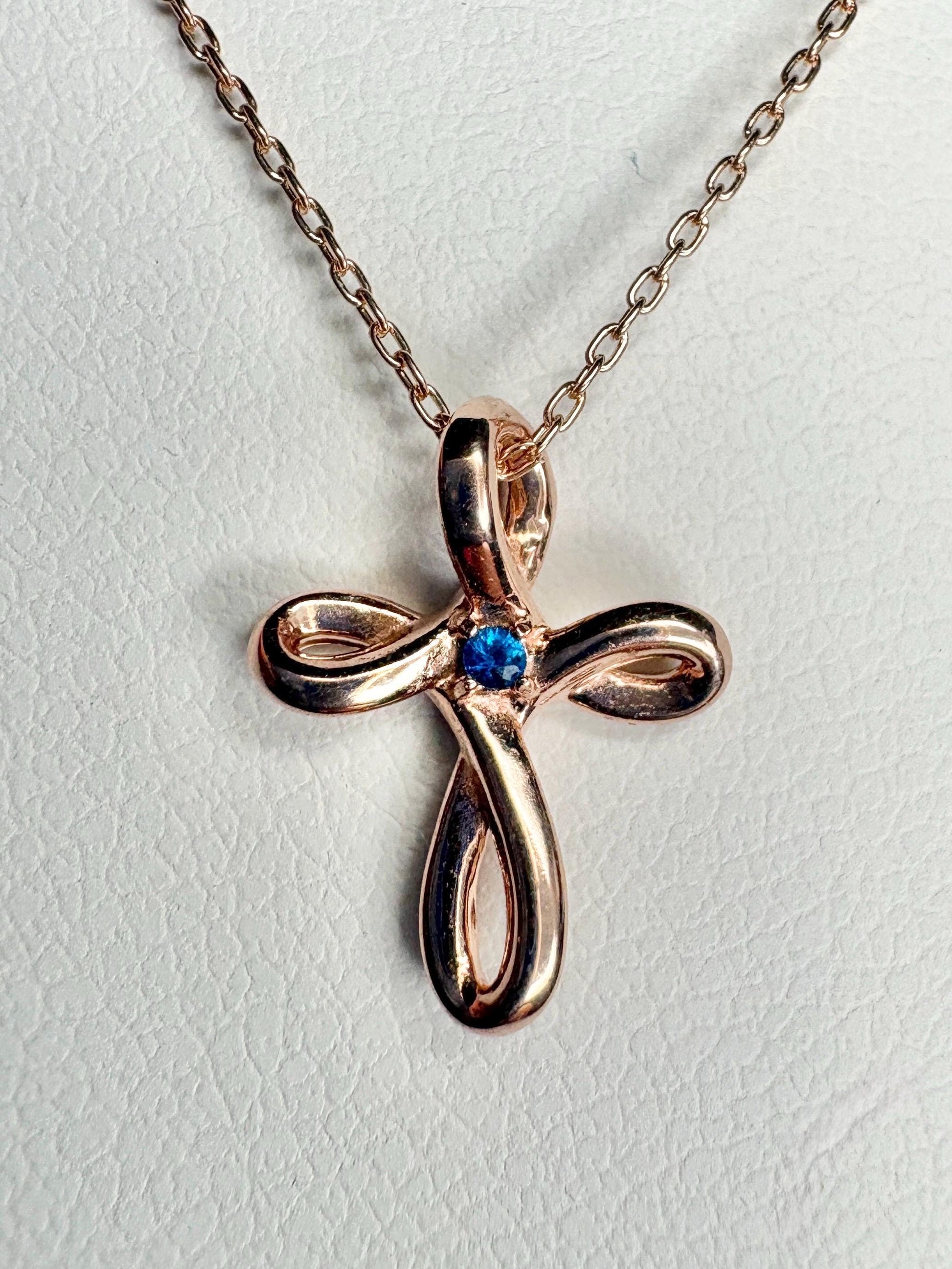 Small Hauyne Cross Necklace in Solid 14k Rose Gold with 10K RG Chain 17.75" - NewLifeJewelryVault