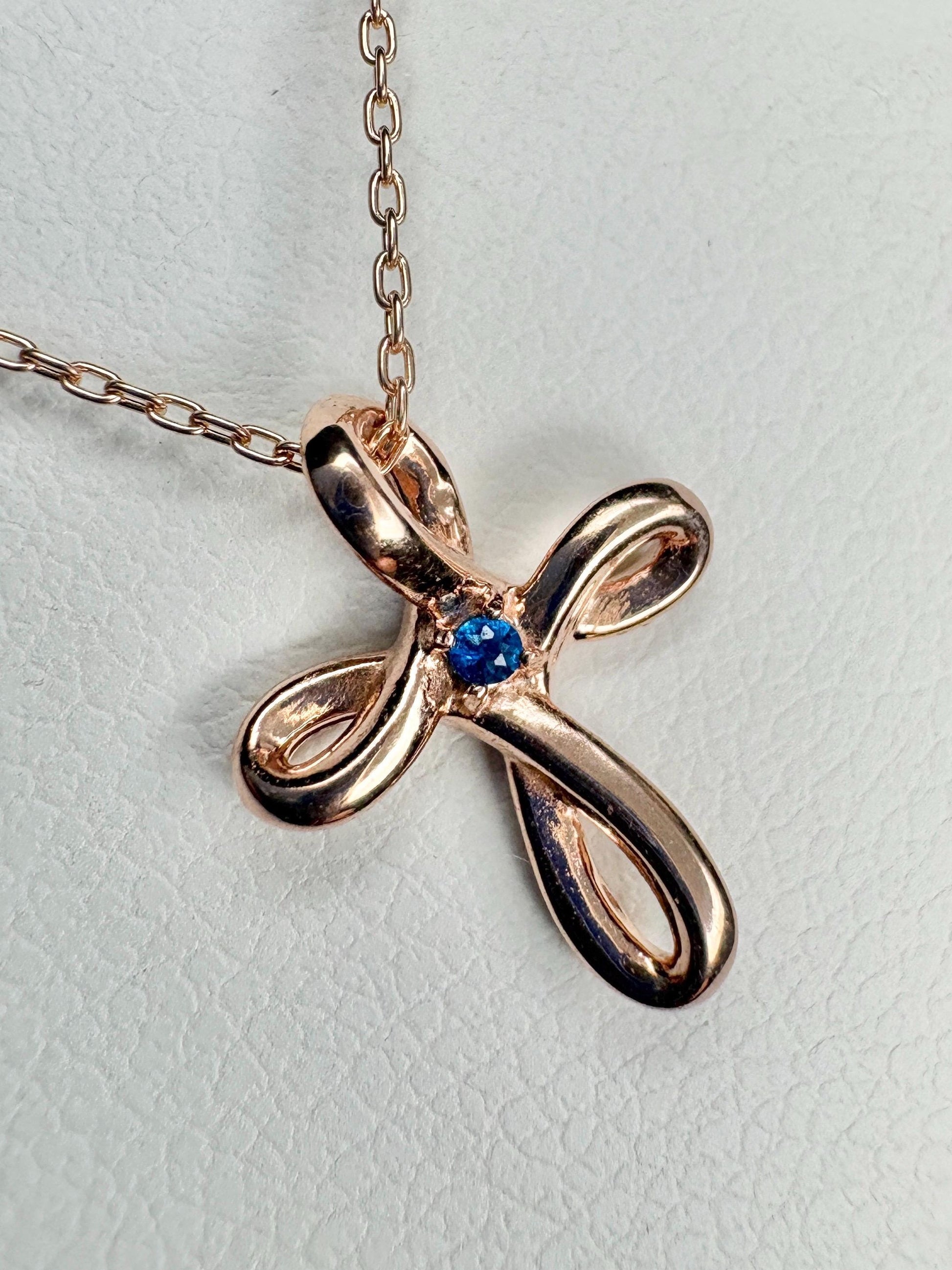 Small Hauyne Cross Necklace in Solid 14k Rose Gold with 10K RG Chain 17.75" - NewLifeJewelryVault