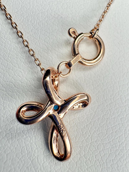 Small Hauyne Cross Necklace in Solid 14k Rose Gold with 10K RG Chain 17.75" - NewLifeJewelryVault