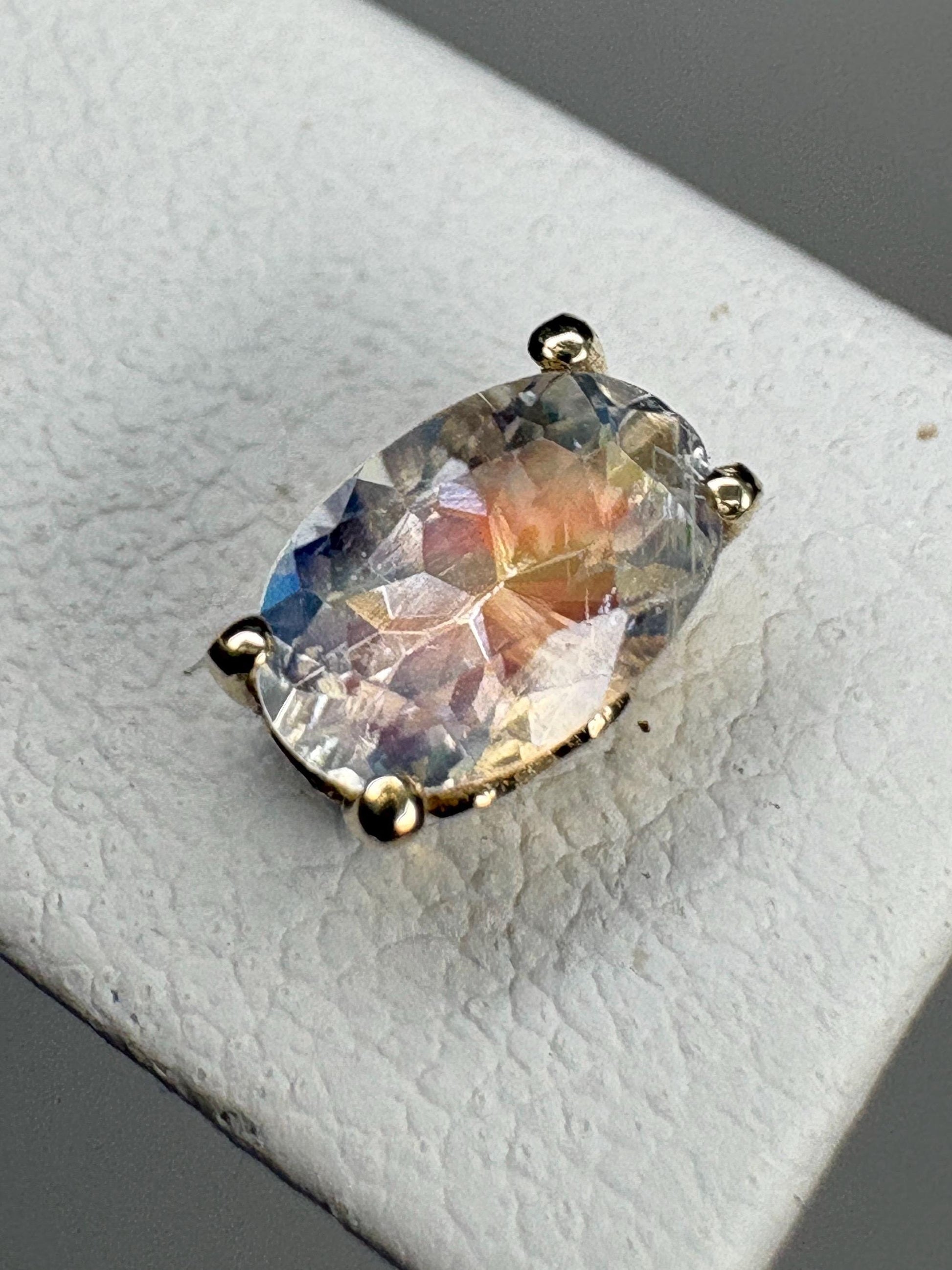 Madagascar Rainbow Moonstone Stud Earrings Fancy 9k Gold 6x4mm - NewLifeJewelryVault