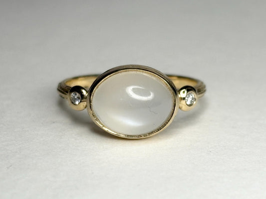Moonstone and Diamond Ring East West Set 14k Gold size 6.5 - NewLifeJewelryVault