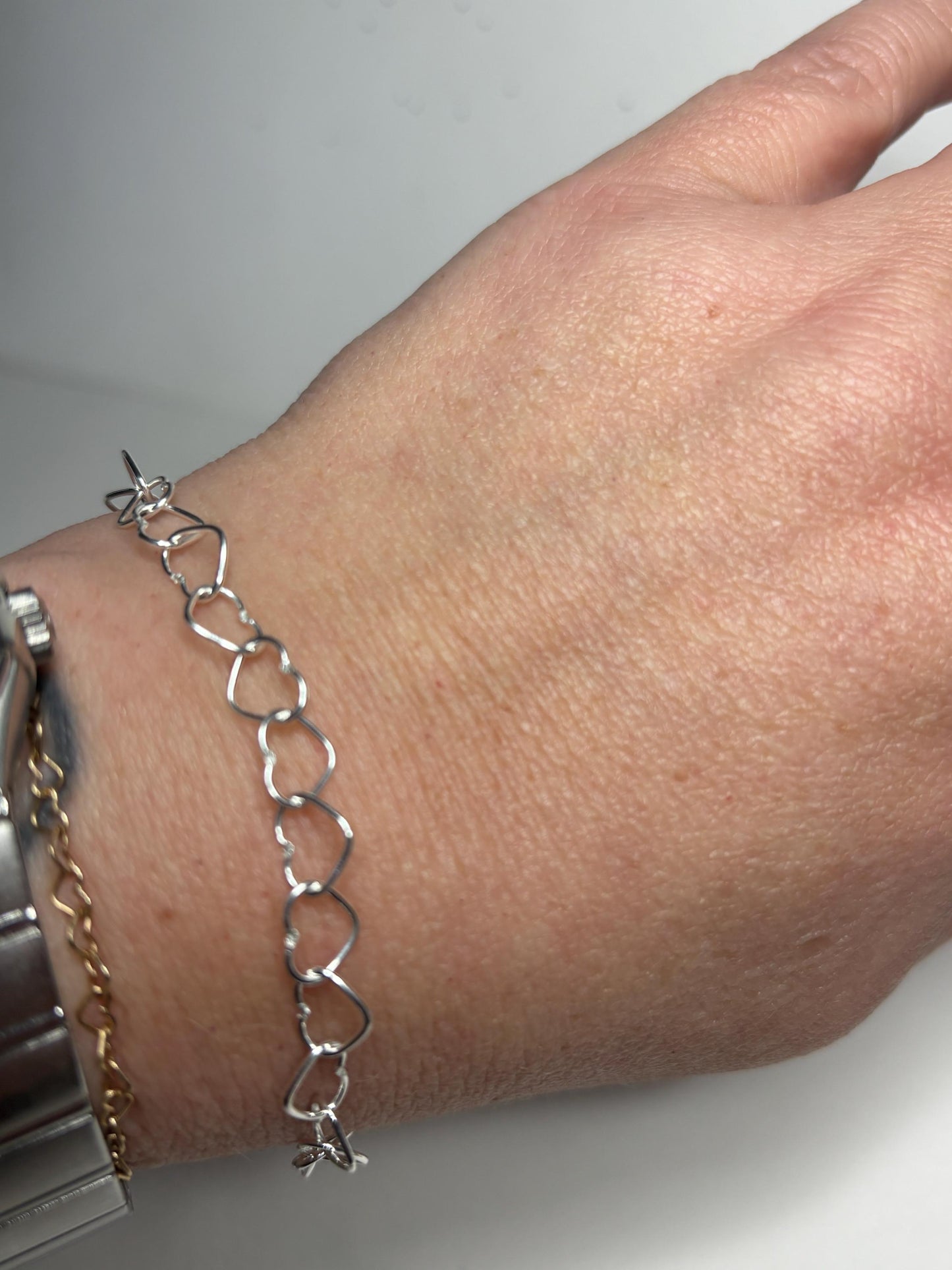 Heart Link Charm Bracelet in Sterling Silver 6mm Adjustable 7.25" - NewLifeJewelryVault