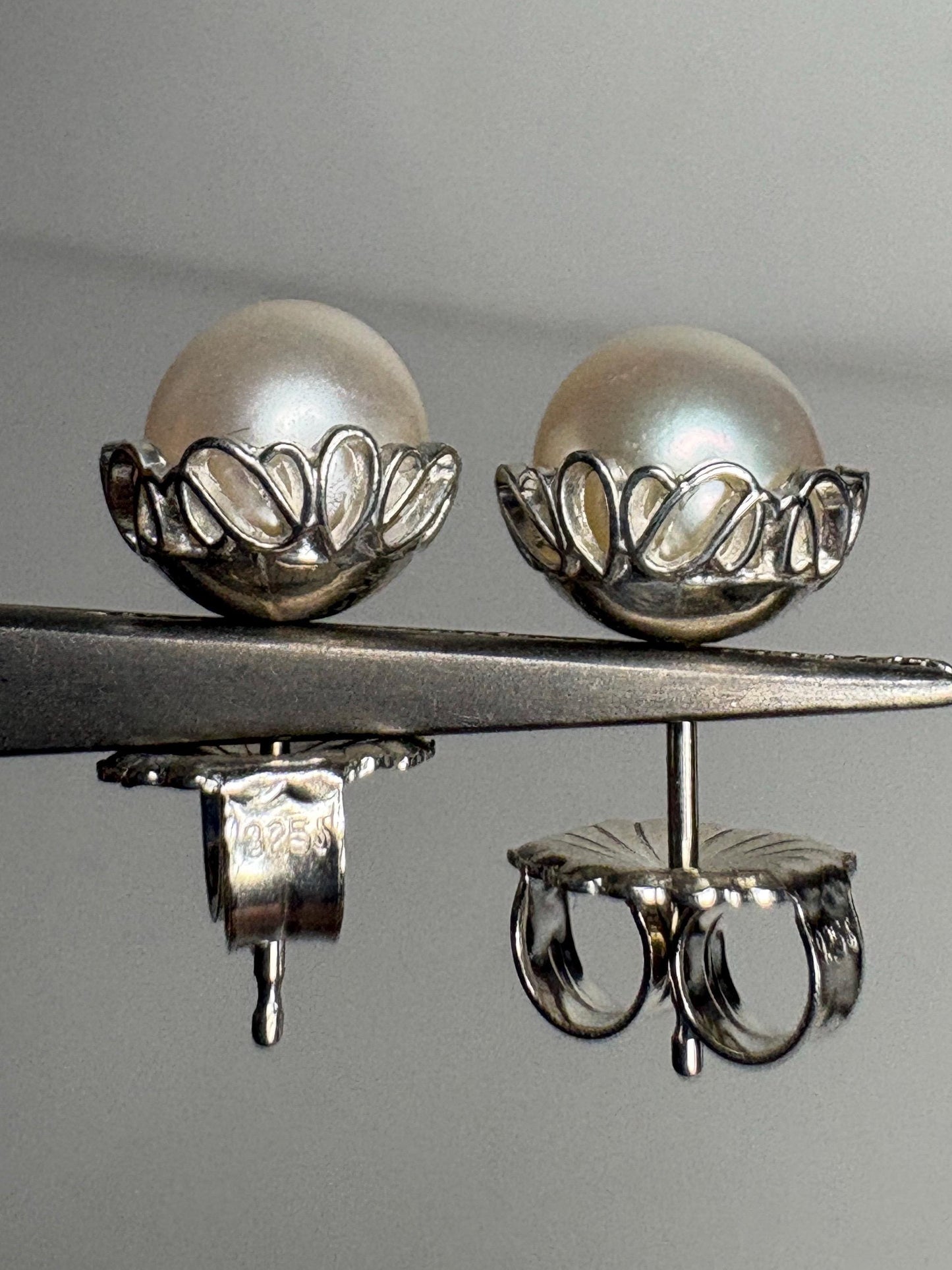Cultured Akoya Pearl Stud Earrings in Lacy Sterling Silver 7.4mm - NewLifeJewelryVault