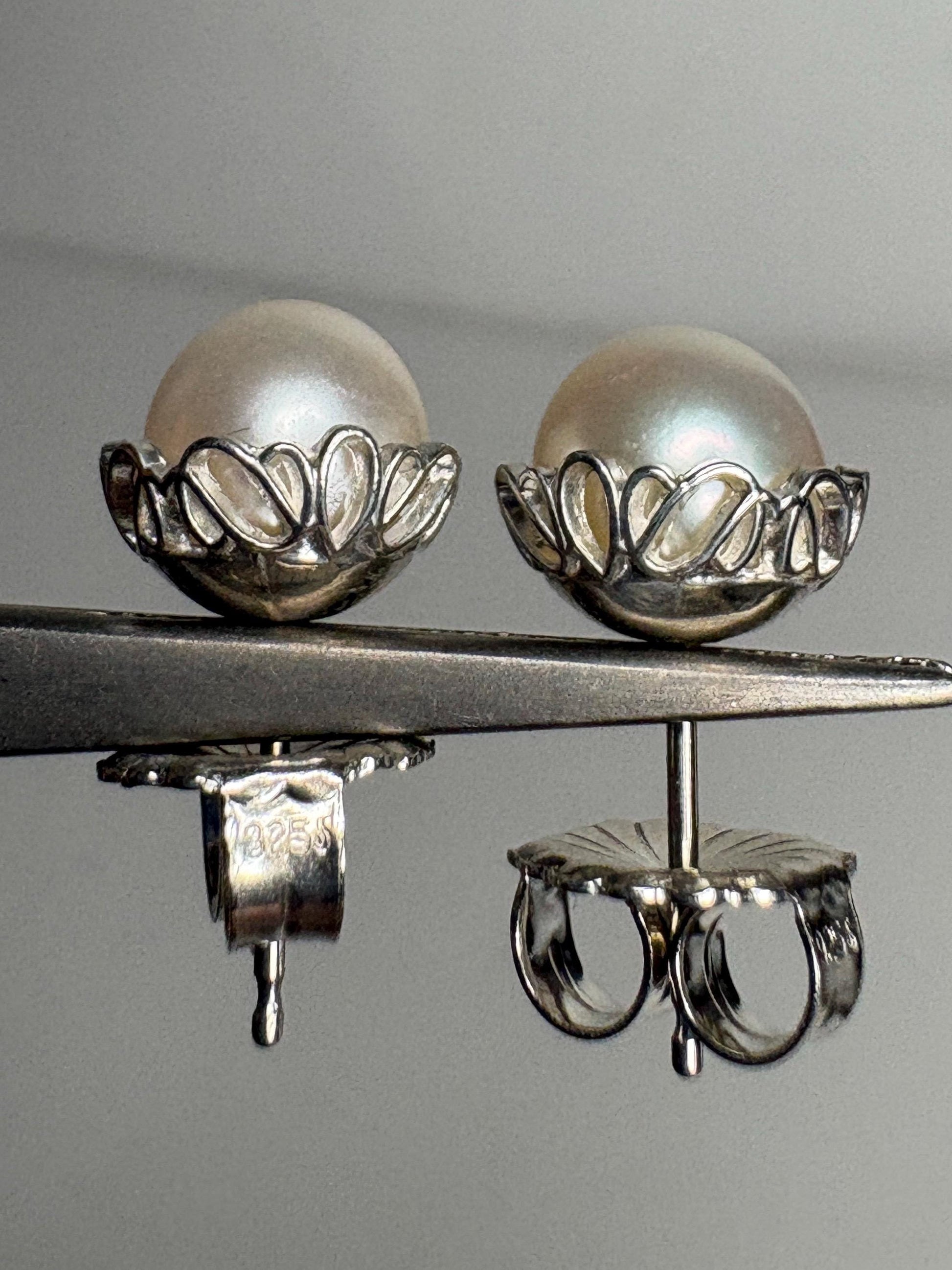 Cultured Akoya Pearl Stud Earrings in Lacy Sterling Silver 7.4mm - NewLifeJewelryVault