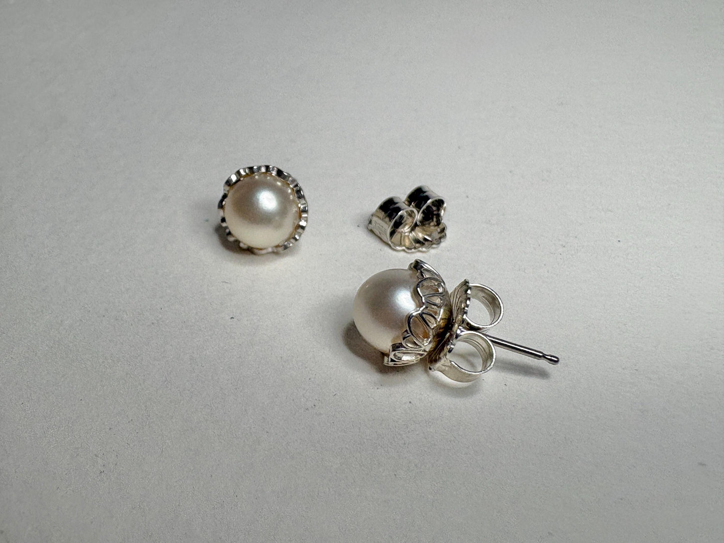 Cultured Akoya Pearl Stud Earrings in Lacy Sterling Silver 7.4mm - NewLifeJewelryVault