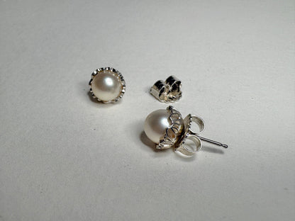 Cultured Akoya Pearl Stud Earrings in Lacy Sterling Silver 7.4mm - NewLifeJewelryVault