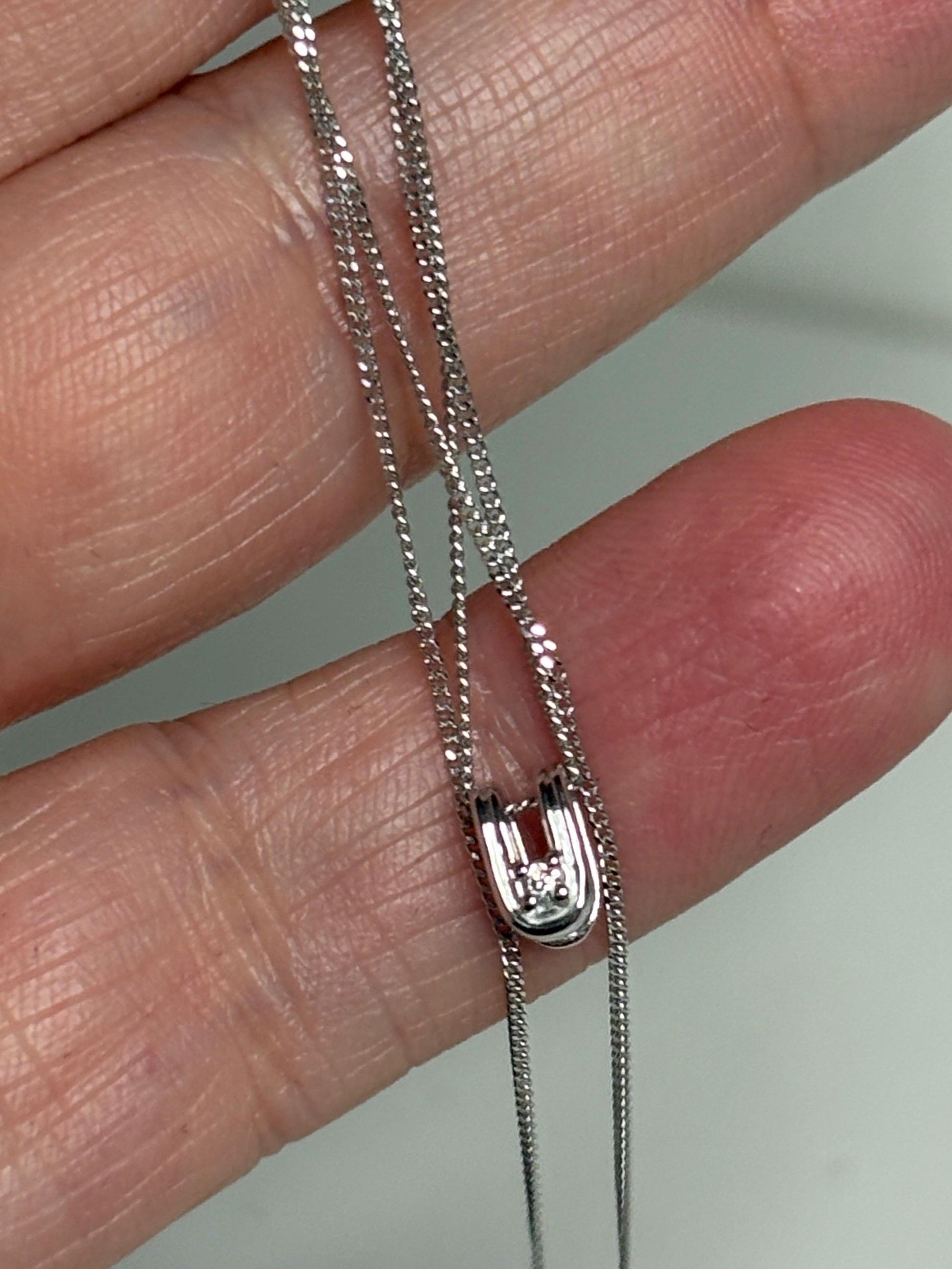 Tiny 'U' Diamond Pendant Necklace 14k White Gold with 9k Chain 18" - NewLifeJewelryVault