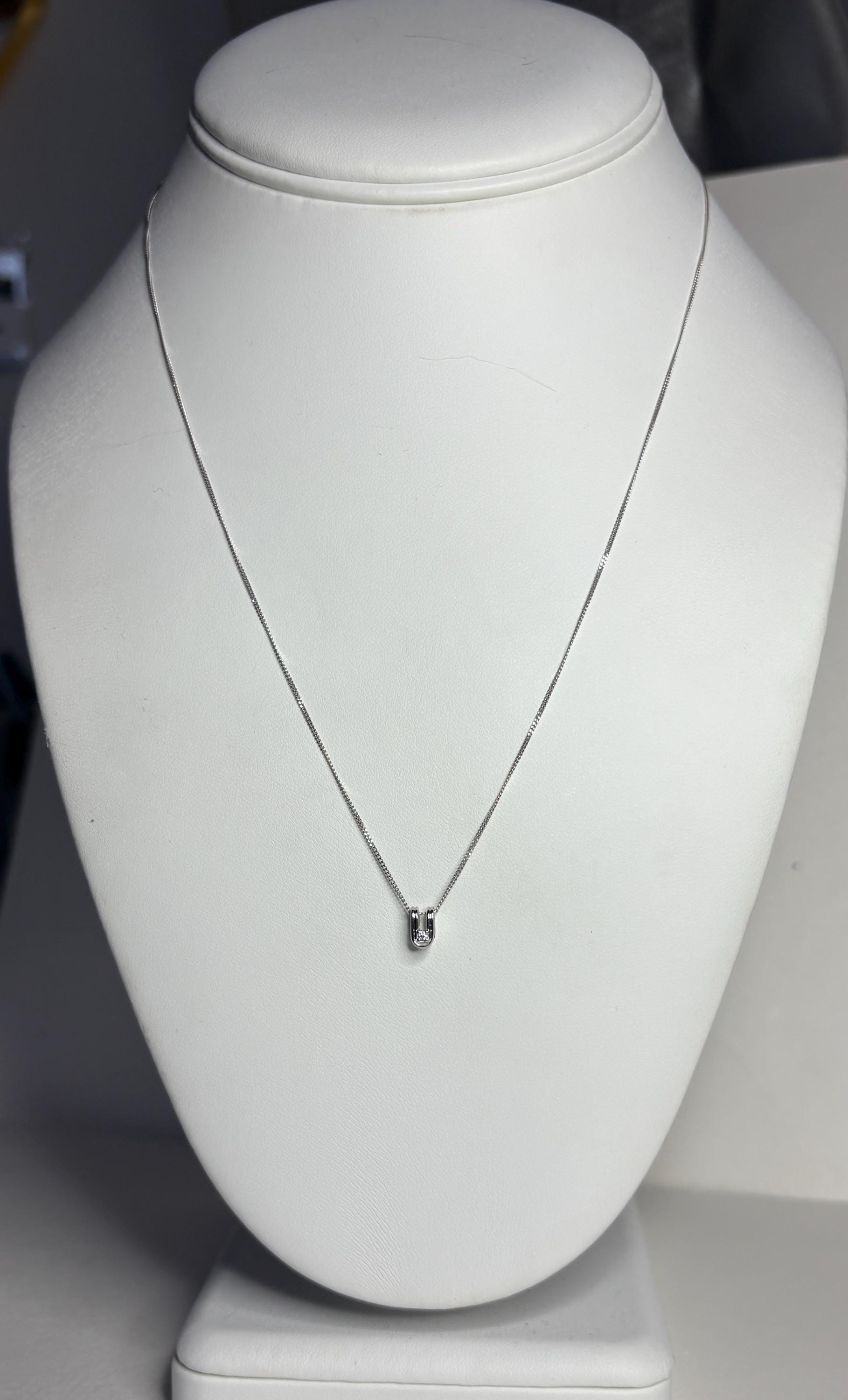 Tiny 'U' Diamond Pendant Necklace 14k White Gold with 9k Chain 18" - NewLifeJewelryVault