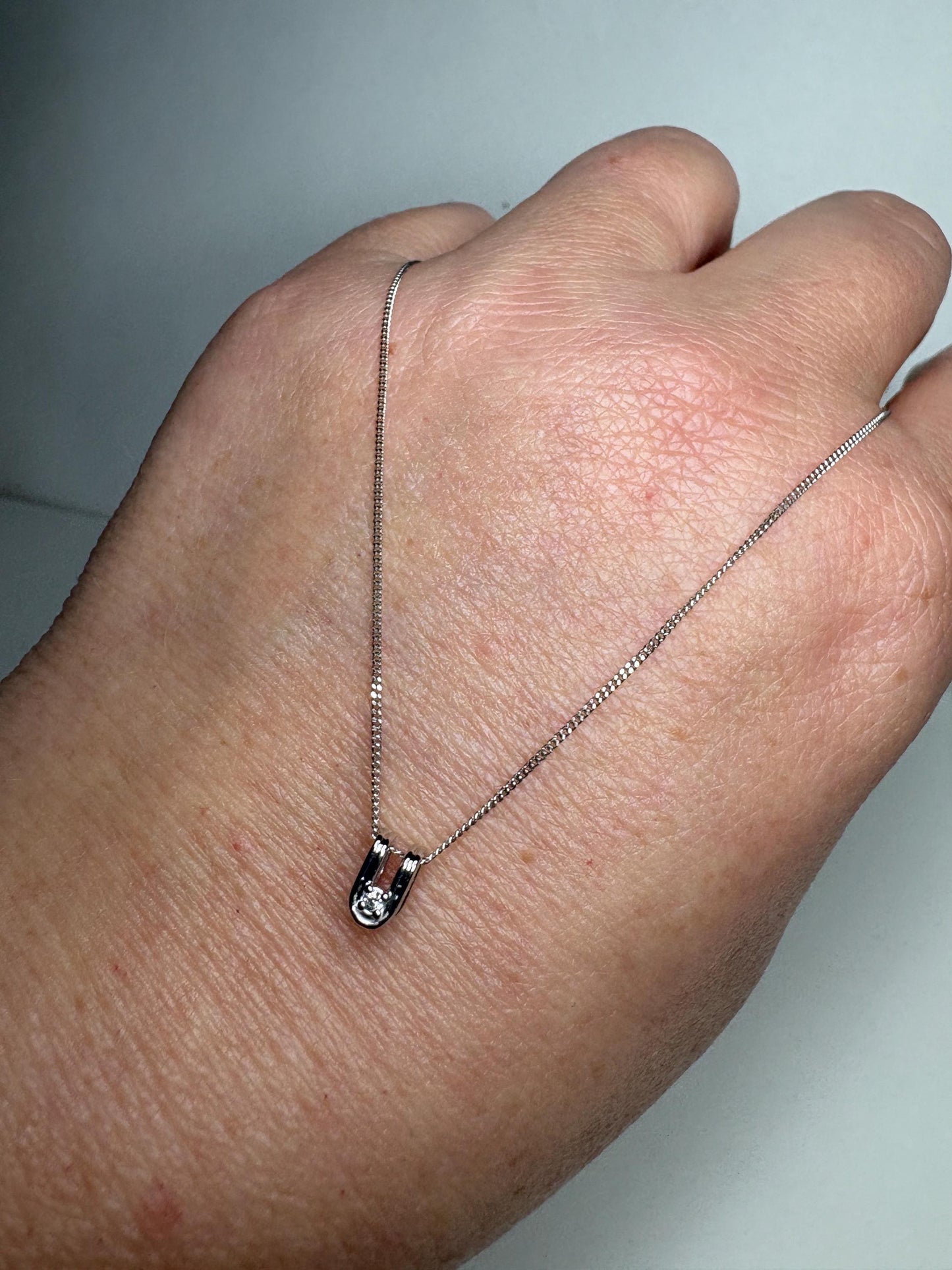 Tiny 'U' Diamond Pendant Necklace 14k White Gold with 9k Chain 18" - NewLifeJewelryVault