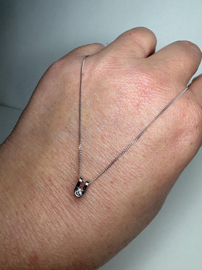 Tiny 'U' Diamond Pendant Necklace 14k White Gold with 9k Chain 18" - NewLifeJewelryVault