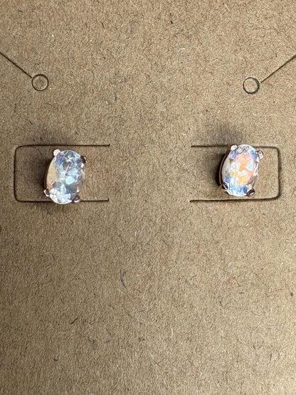 Madagascar Rainbow Moonstone Oval Stud Earrings 14k Rose Gold - NewLifeJewelryVault