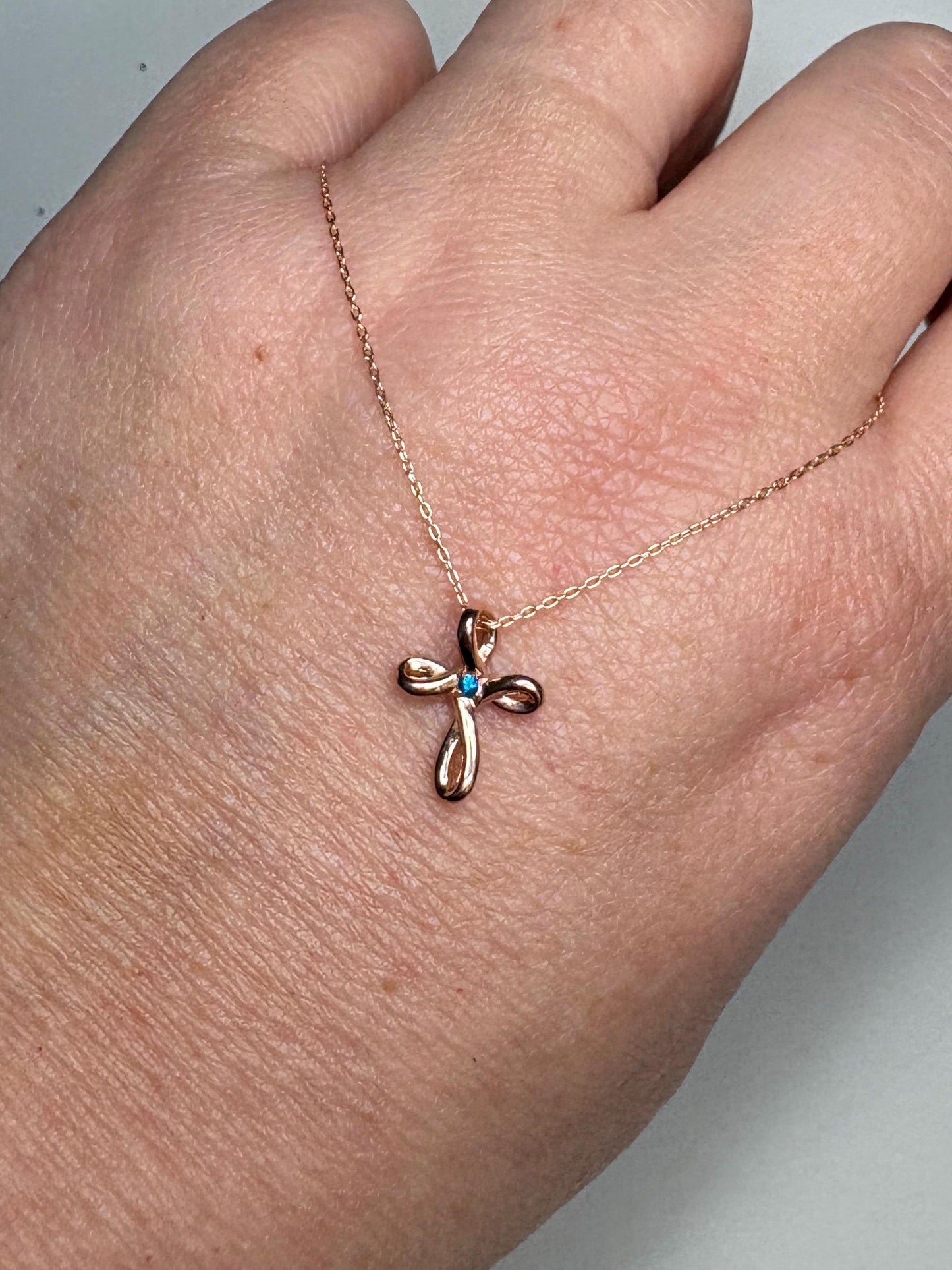 Small Hauyne Cross Necklace in Solid 14k Rose Gold with 10K RG Chain 17.75" - NewLifeJewelryVault