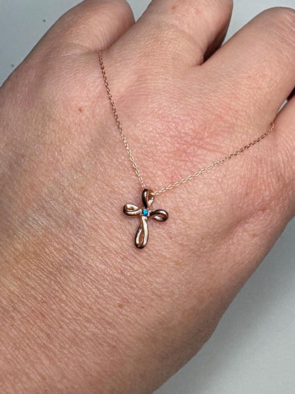 Small Hauyne Cross Necklace in Solid 14k Rose Gold with 10K RG Chain 17.75" - NewLifeJewelryVault