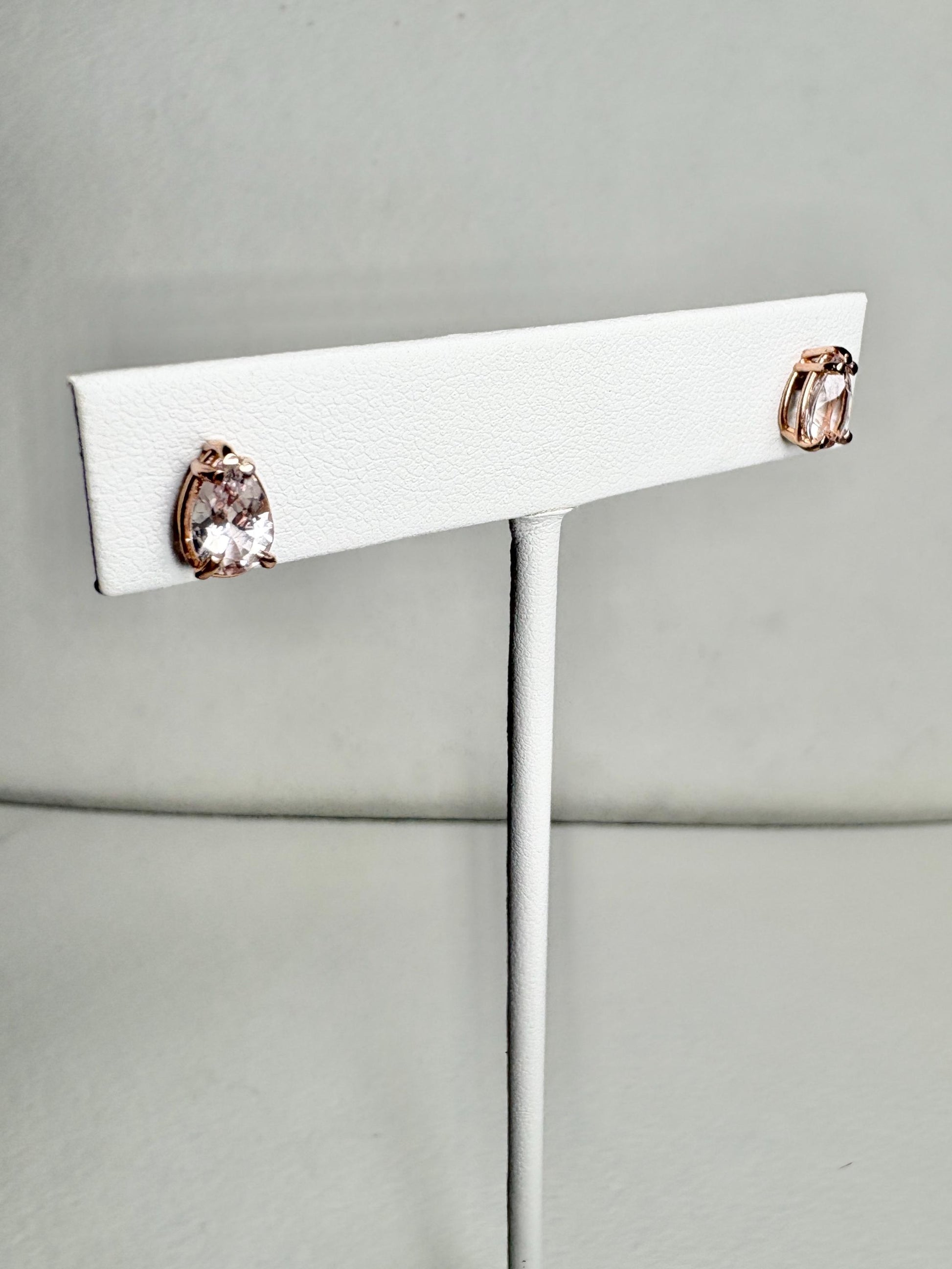Morganite Stud Earrings Pear Tear Shape 14k Rose Gold 8x5mm - NewLifeJewelryVault