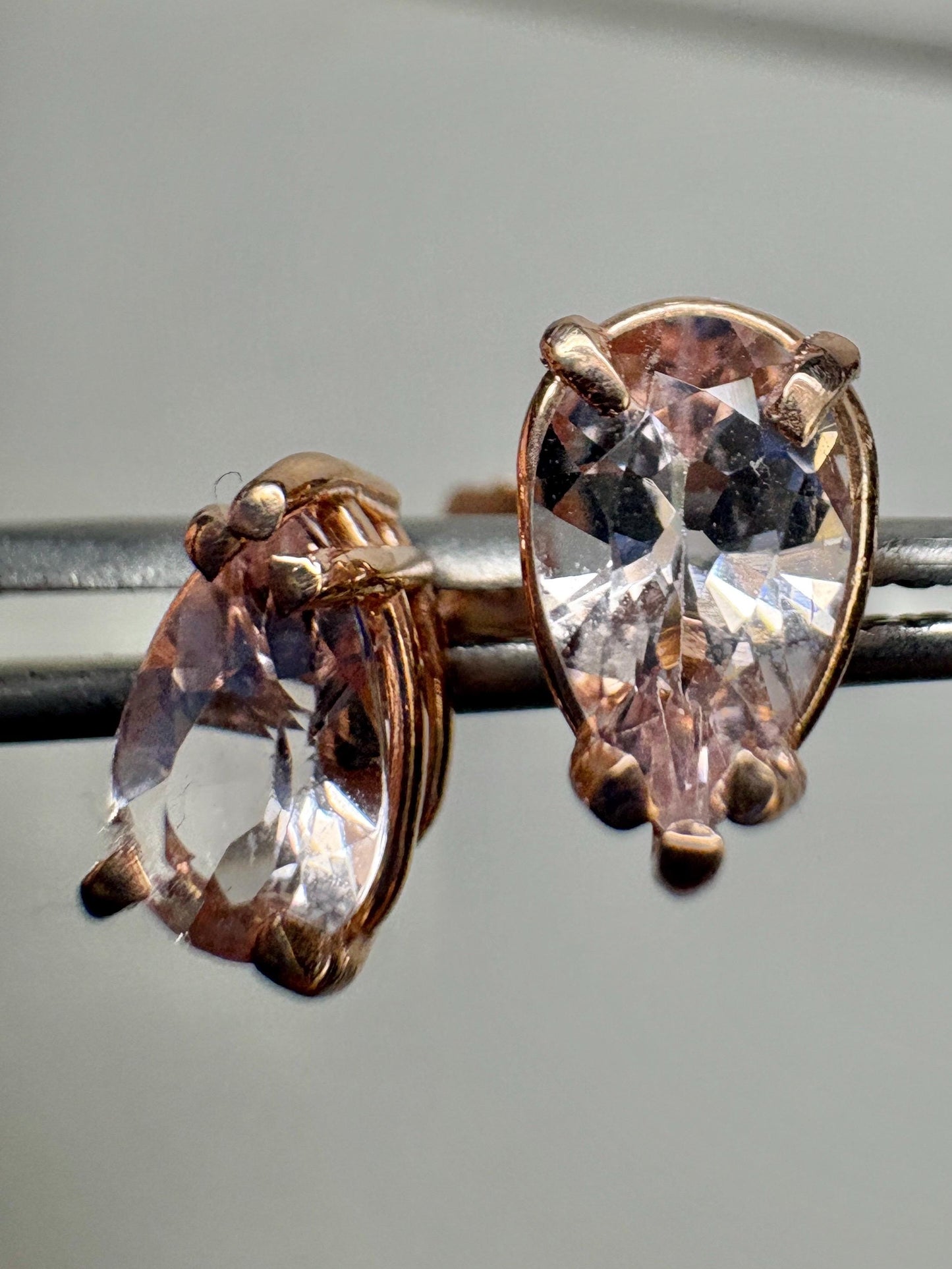 Morganite Stud Earrings Pear Tear Shape 14k Rose Gold 8x5mm - NewLifeJewelryVault