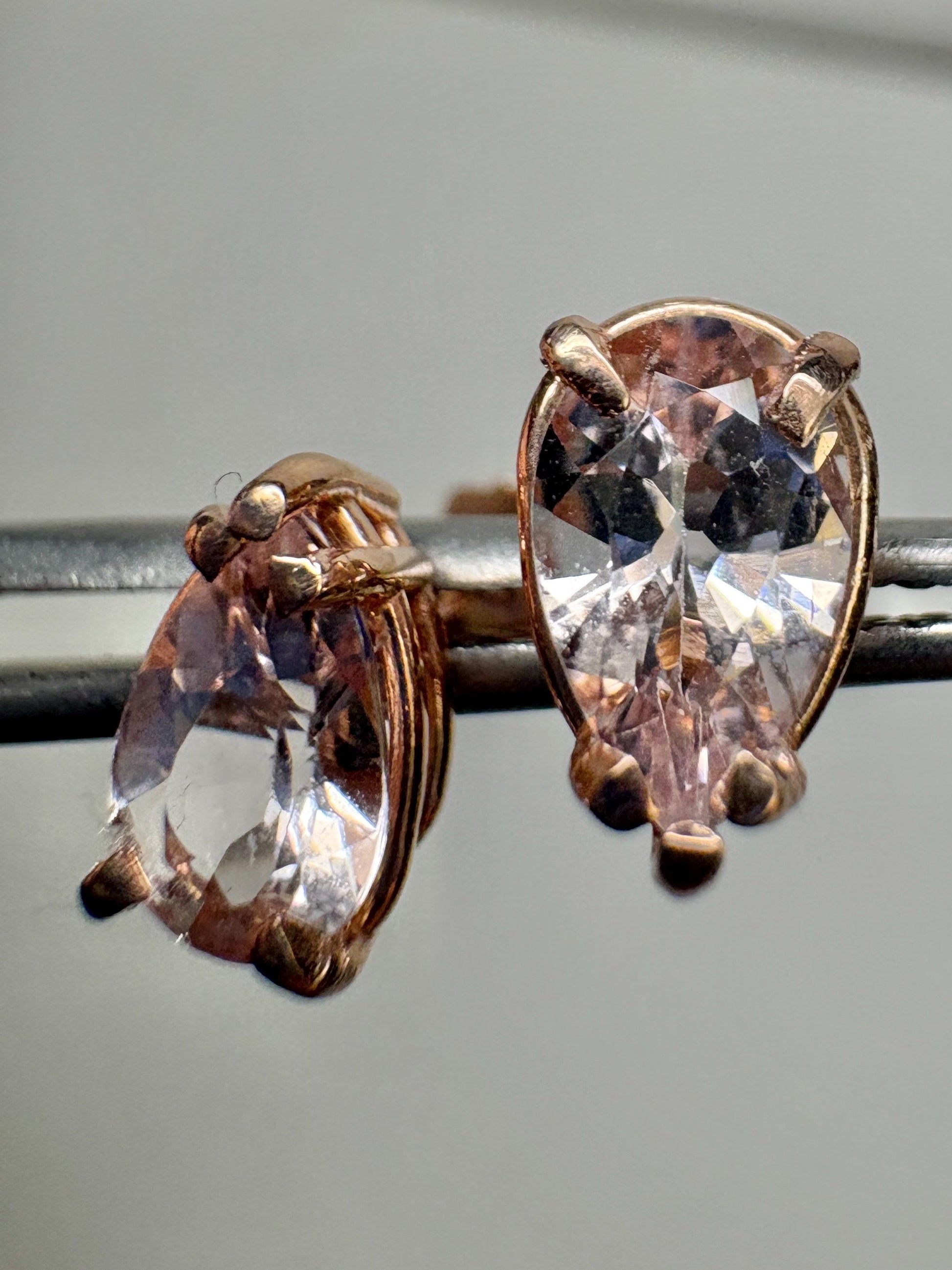Morganite Stud Earrings Pear Tear Shape 14k Rose Gold 8x5mm - NewLifeJewelryVault